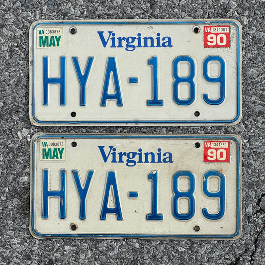 Photo of a 1980 1990 Virginia License Plate Pair Auto Tag Garage Decor Vintage HYA 189