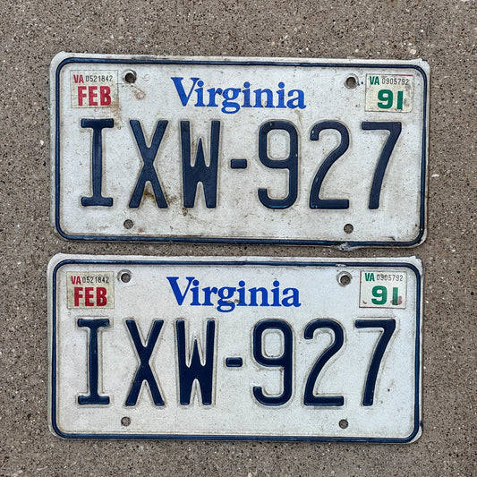 Photo of a 1980 1991 Virginia License Plate Pair Auto Tag Garage Decor Vintage IXW 927