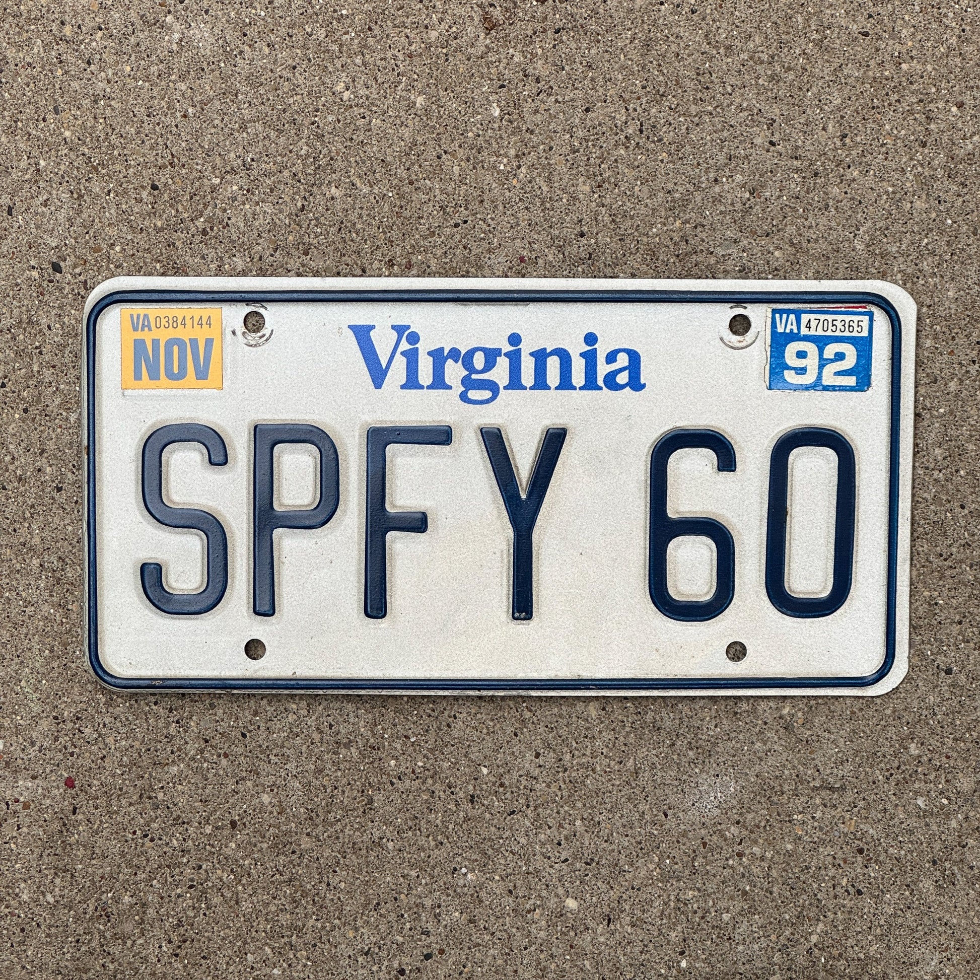 Photo of a 1980 1992 Virginia Vanity License Plate Auto Tag Garage Decor Vintage SPFY 60 with original patina