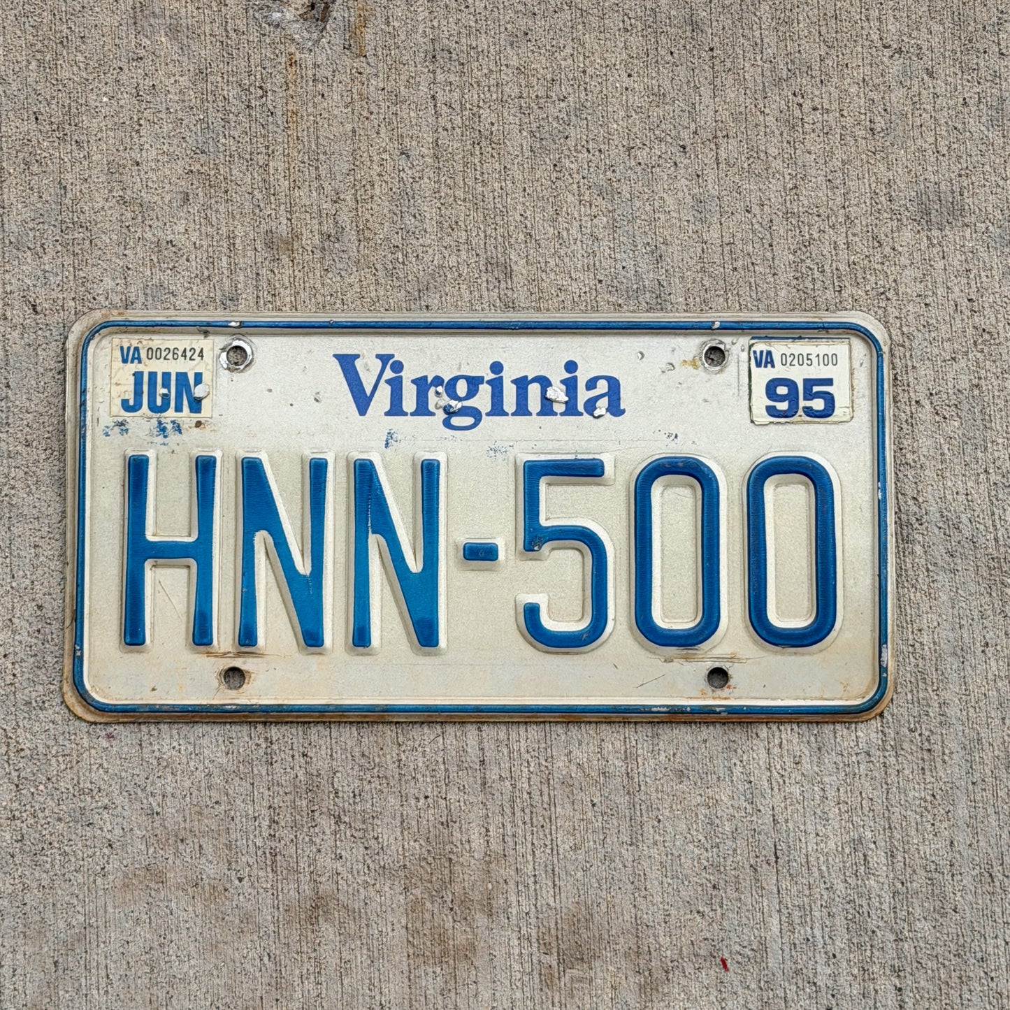 Photo of a 1980 1995 Virginia License Plate Auto Tag Garage Decor Vintage HNN 500 with original patina
