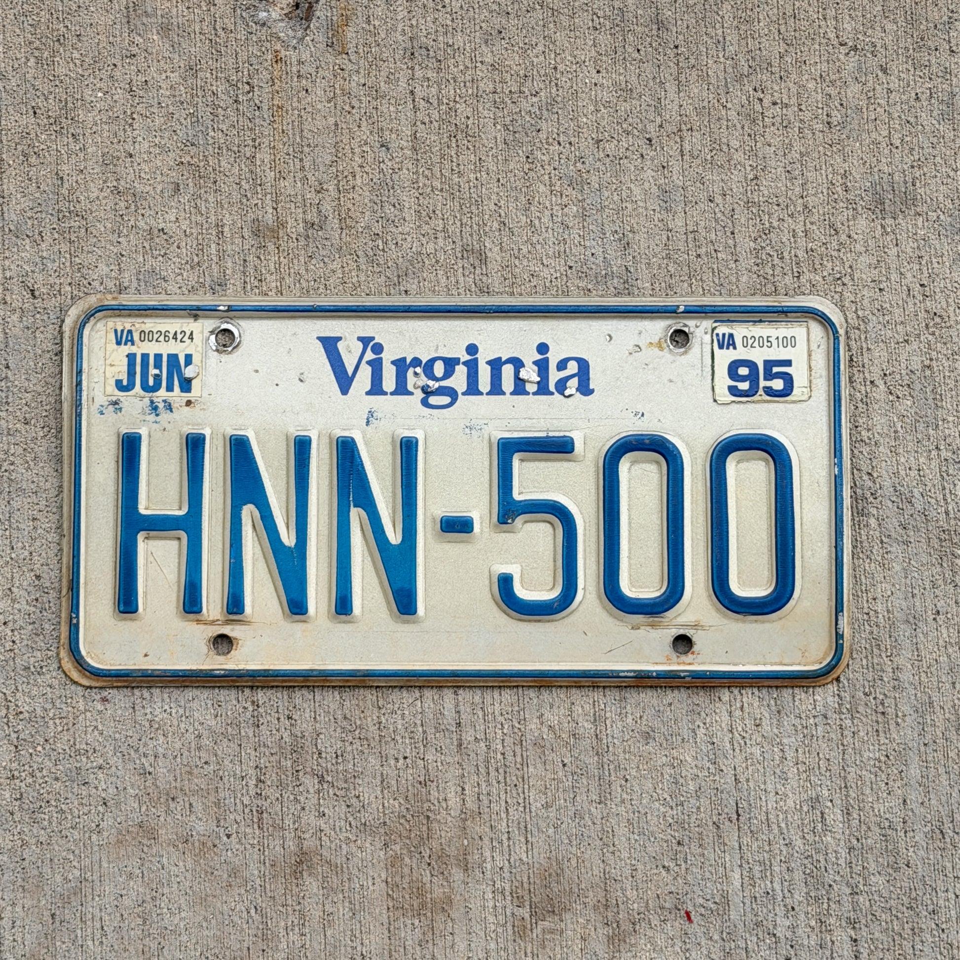 Photo of a 1980 1995 Virginia License Plate Auto Tag Garage Decor Vintage HNN 500 with original patina