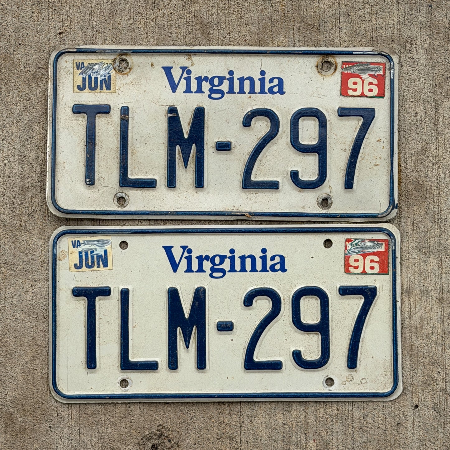 Photo of a 1980 1996 Virginia License Plate Pair Auto Tag Garage Decor Vintage TLM 297 with original patina