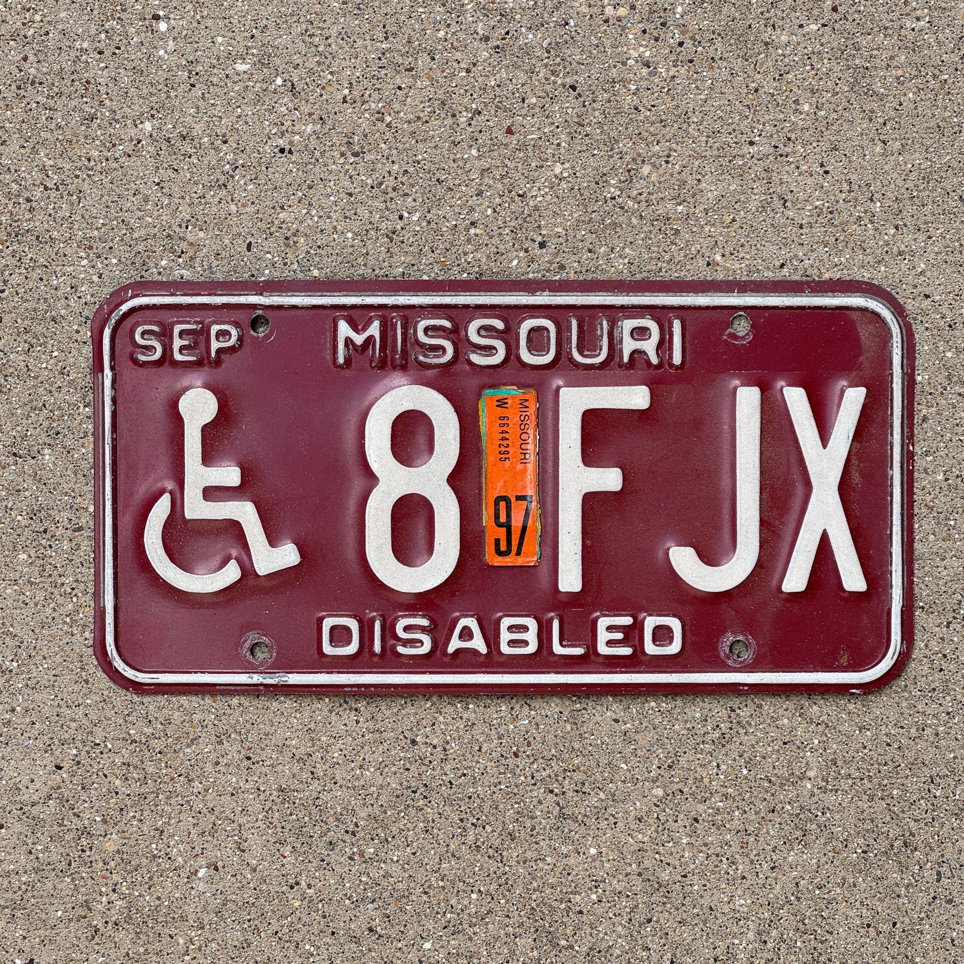 Photo of a 1980 1997 Missouri Disabled License Plate Auto Tag Garage Decor Vintage Handicapped 8 FJX