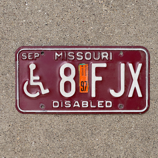 Photo of a 1980 1997 Missouri Disabled License Plate Auto Tag Garage Decor Vintage Handicapped 8 FJX