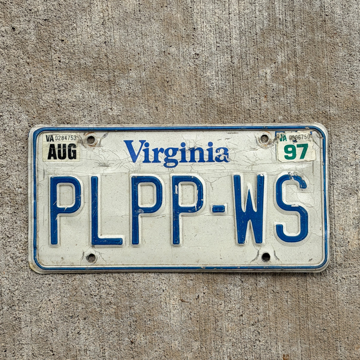 Photo of a 1980 1997 Virginia Vanity License Plate Auto Tag 2 Vintage Garage PLPP WS with original patina