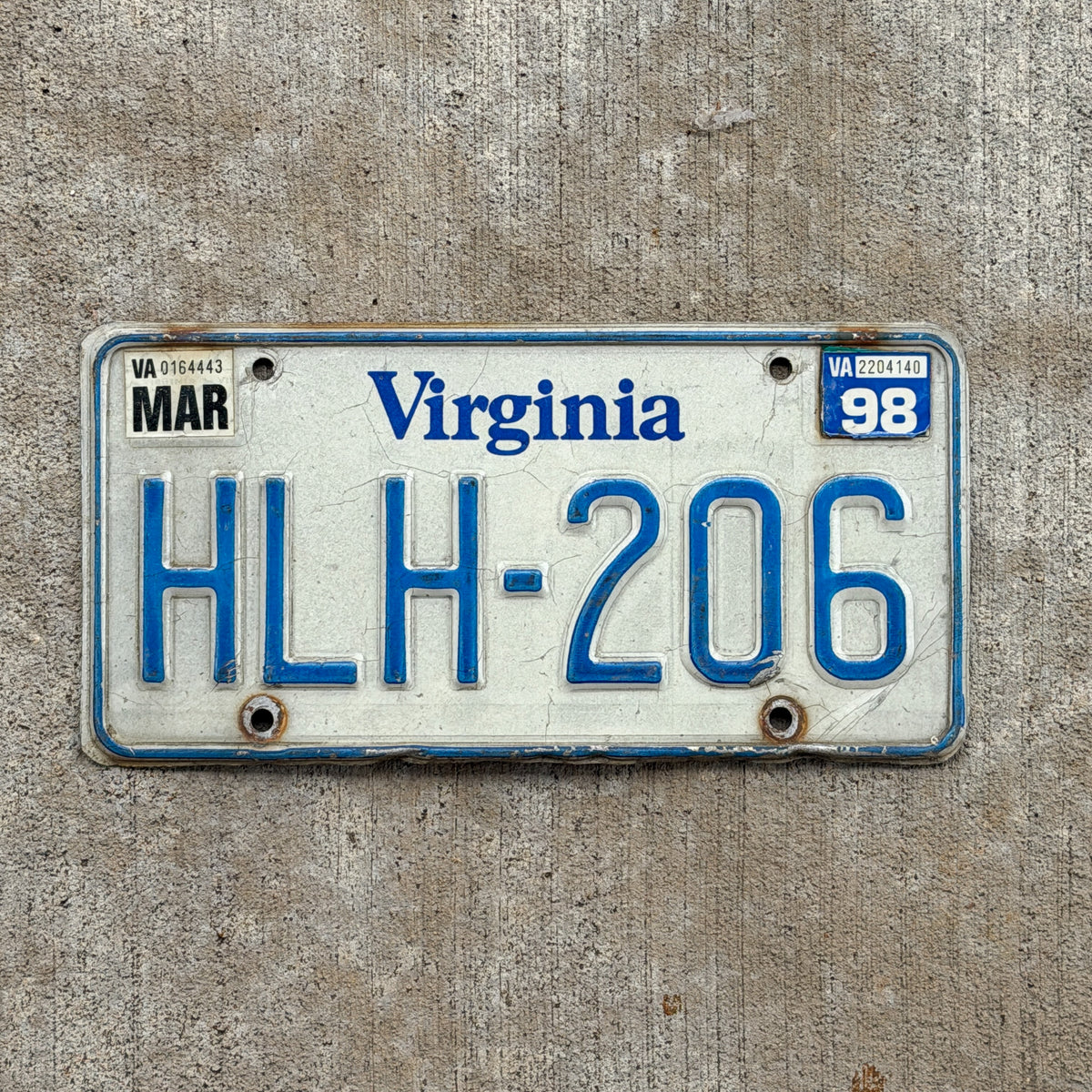 Photo of a 1980 1998 Virginia License Plate Auto Tag Garage Decor Vintage HLH 206 with original patina