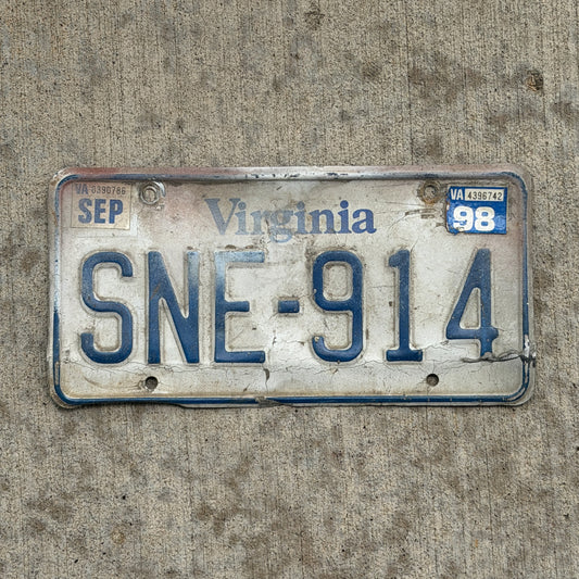 Photo of a 1980 1998 Virginia License Plate Auto Tag Garage Decor Vintage SNE 914 with original patina