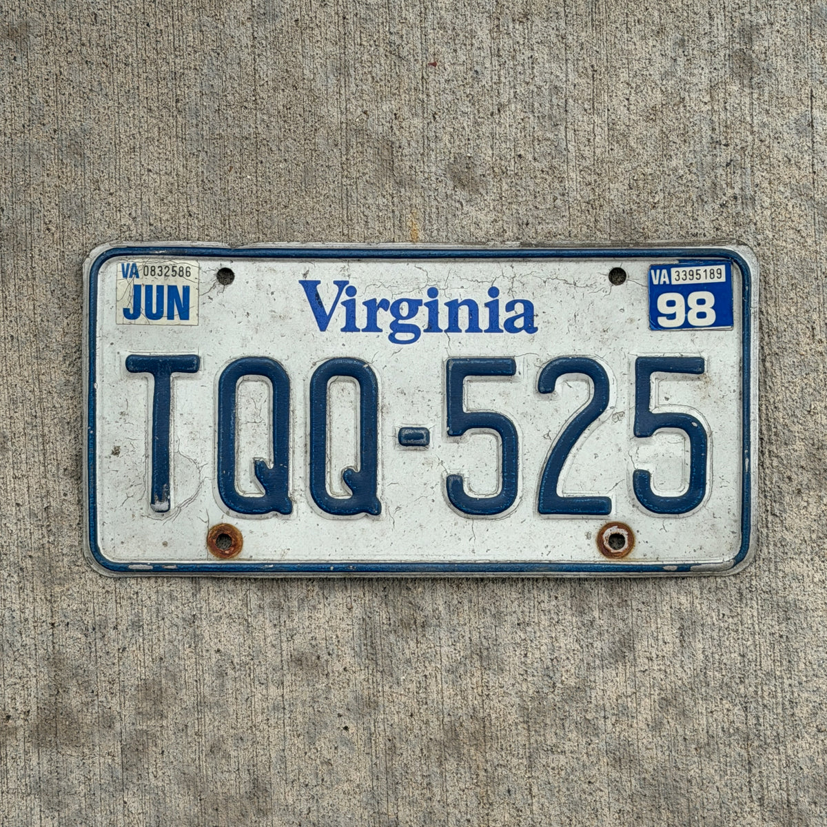 Photo of a 1980 1998 Virginia License Plate Auto Tag Garage Decor Vintage TQQ 525 with original patina