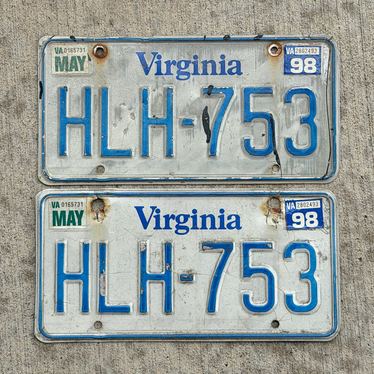 Photo of a 1980 1998 Virginia License Plate Pair Auto Tag Garage Decor Vintage HLH 753 with original patina