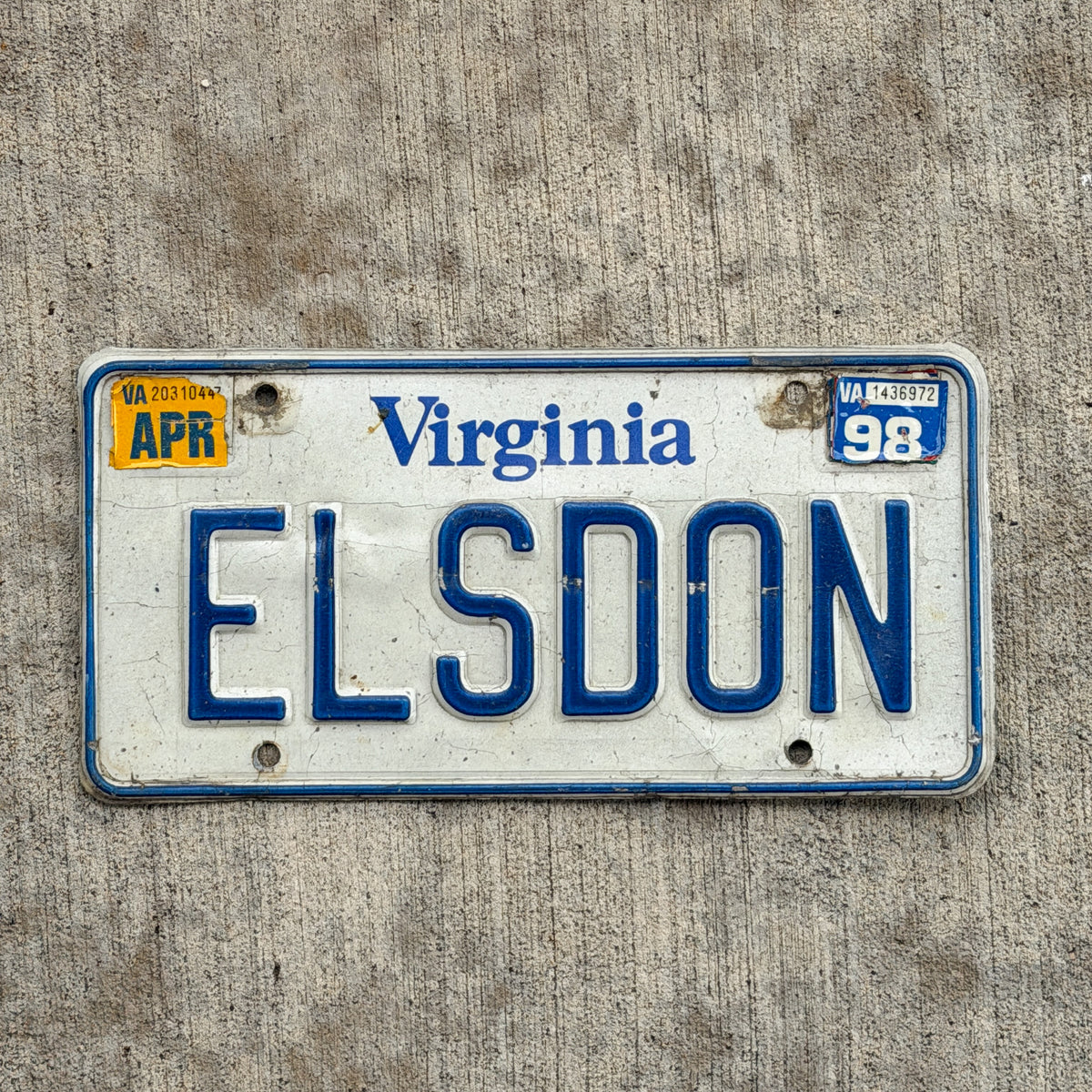 Photo of a 1980 1998 Virginia Vanity License Plate Auto Tag Garage Decor Vintage ELSDON with original patina