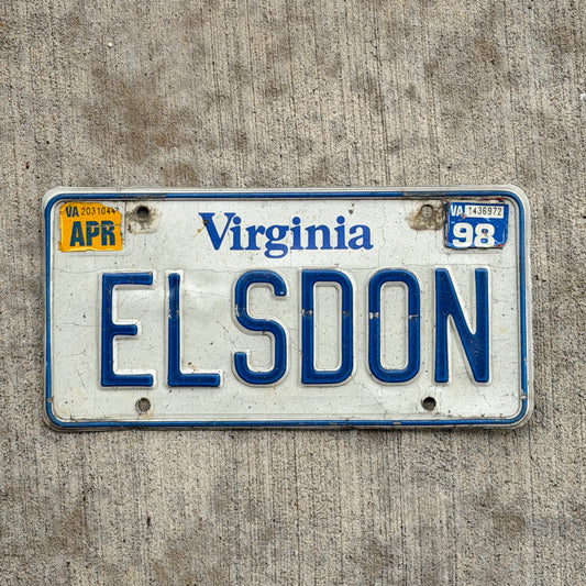 Photo of a 1980 1998 Virginia Vanity License Plate Auto Tag Garage Decor Vintage ELSDON with original patina