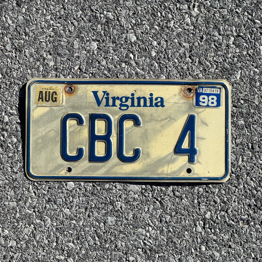 Photo of a 1980 1998 Virginia Vanity License Plate Auto Tag Garage Decor Vintage Initials Name CBC 4