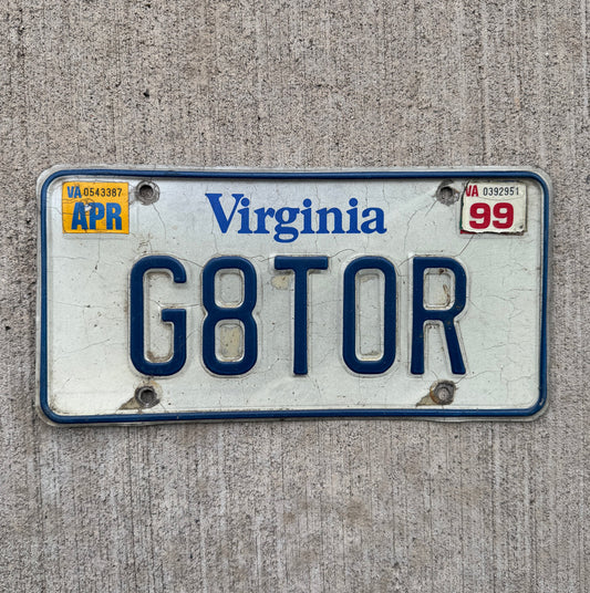 Photo of a 1980 1999 Virginia Vanity License Plate Auto Tag Garage Decor Vintage University of Florida Gators G8TOR with original patina