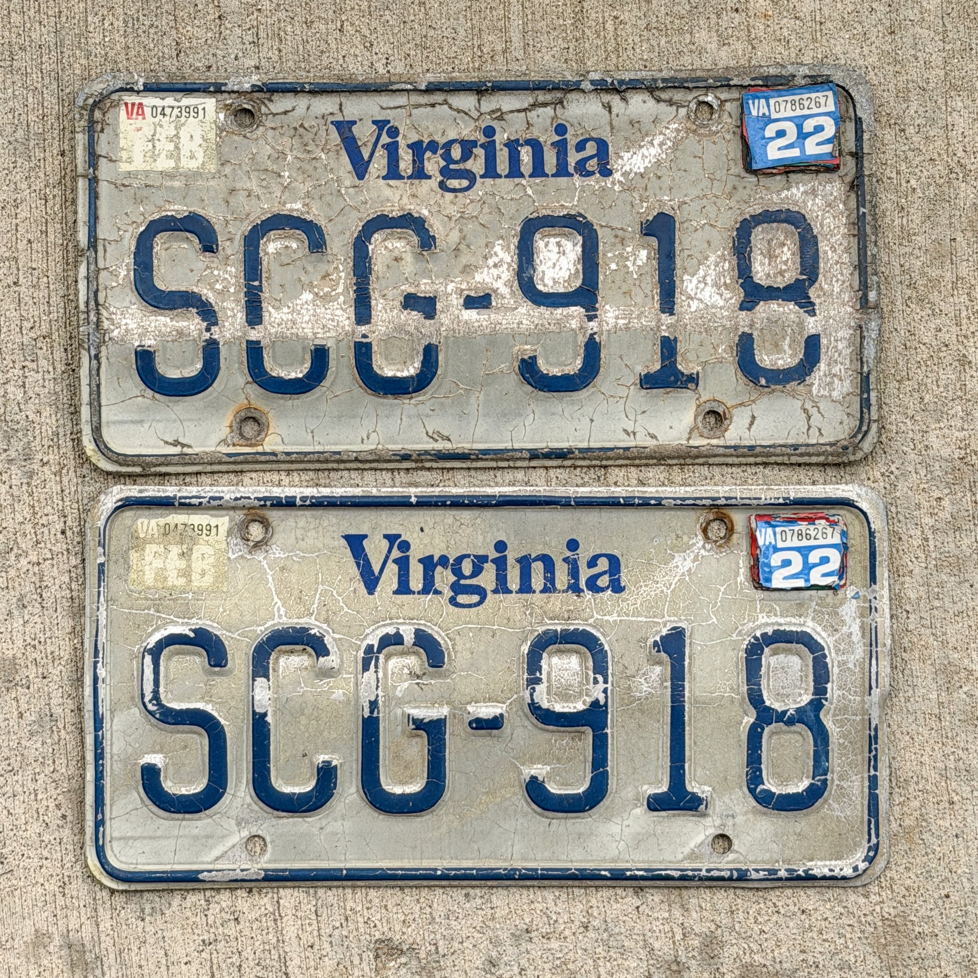 Photo of a 1980 2022 Virginia License Plate Pair Auto Tag Garage Decor Vintage SCG 918 with original patina
