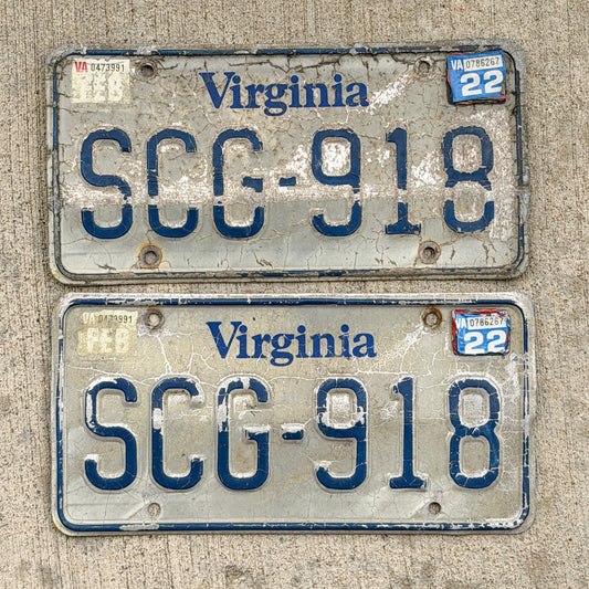 Photo of a 1980 2022 Virginia License Plate Pair Auto Tag Garage Decor Vintage SCG 918 with original patina
