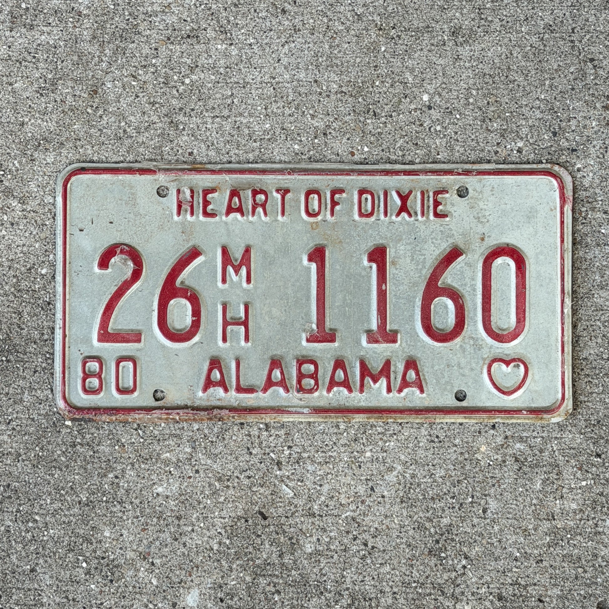 Photo of a 1980 Alabama Mobile Home License Plate Auto Tag Garage Decor Vintage 26 MH 1160 with original patina