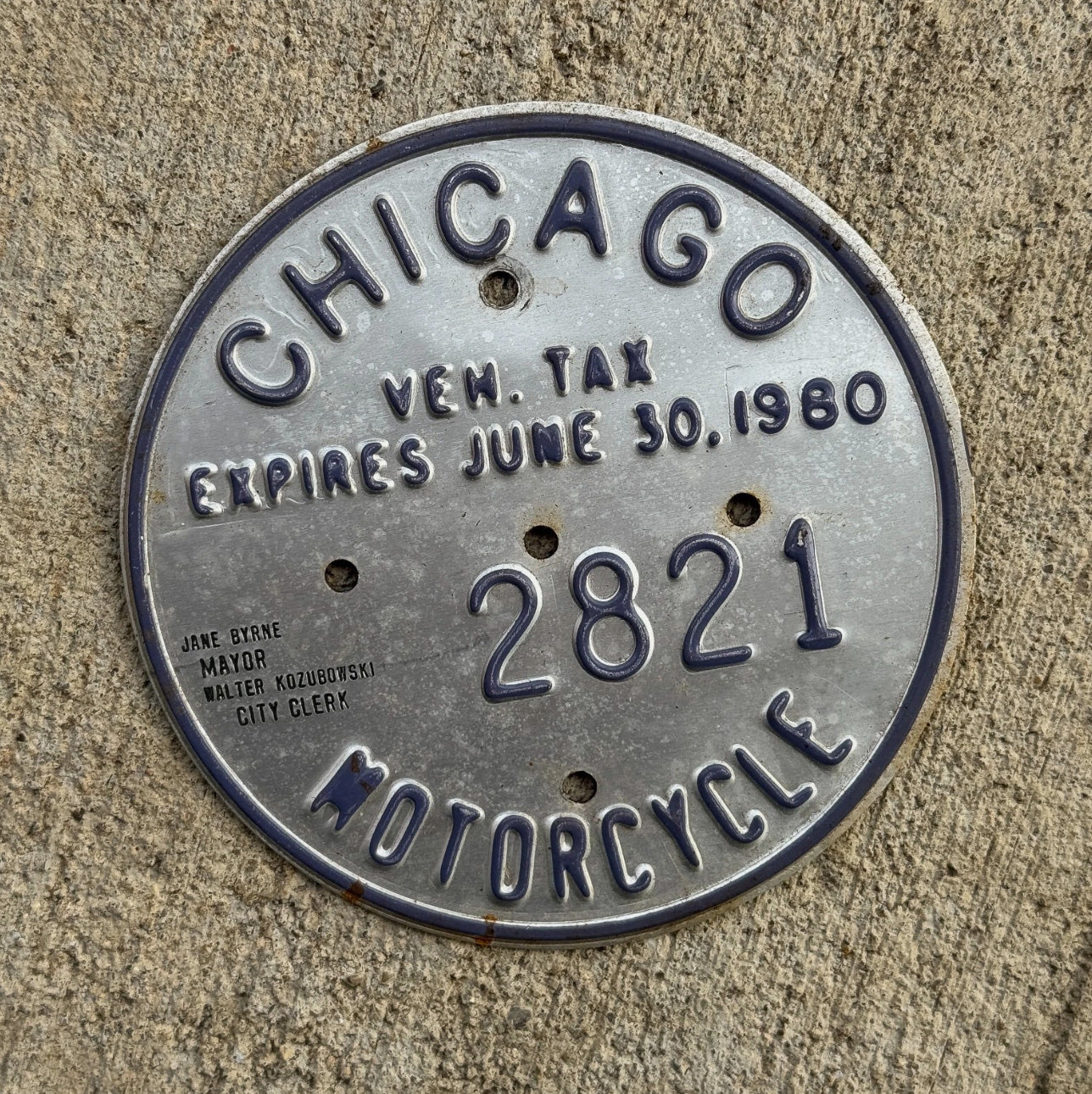 Photo of a 1980 Chicago MOTORCYCLE Tax Tag Disc Disk Medallion Auto Tag Garage Decor Vintage 2821