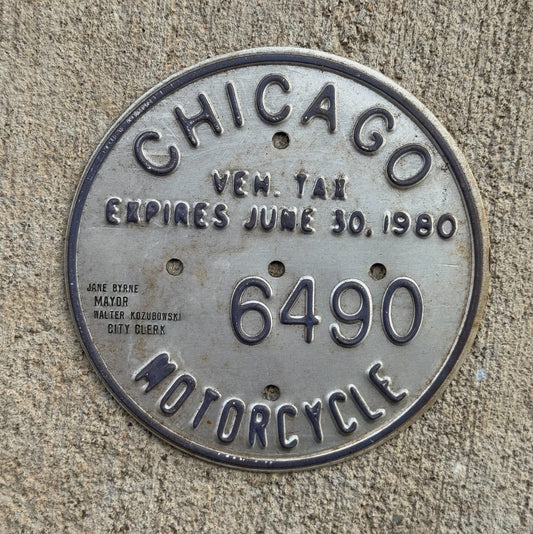 Photo of a 1980 Chicago MOTORCYCLE Tax Tag Disc Disk Medallion Auto Tag Garage Decor Vintage 6490