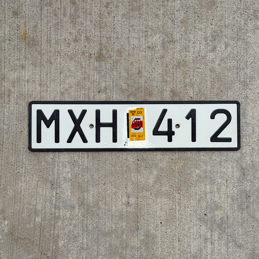 Photo of a 1980 Era 2003 Sweden License Plate Auto Tag Garage Decor Vintage MXH 412 with original patina