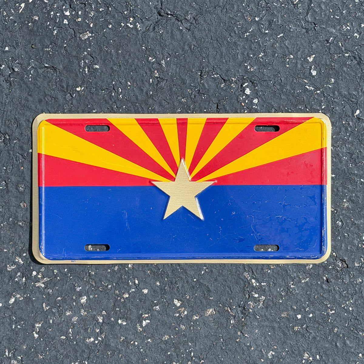 Photo of a 1980 Era Arizona Booster License Plate Auto Tag Garage Decor Vintage
 State Flag Metal with original patina