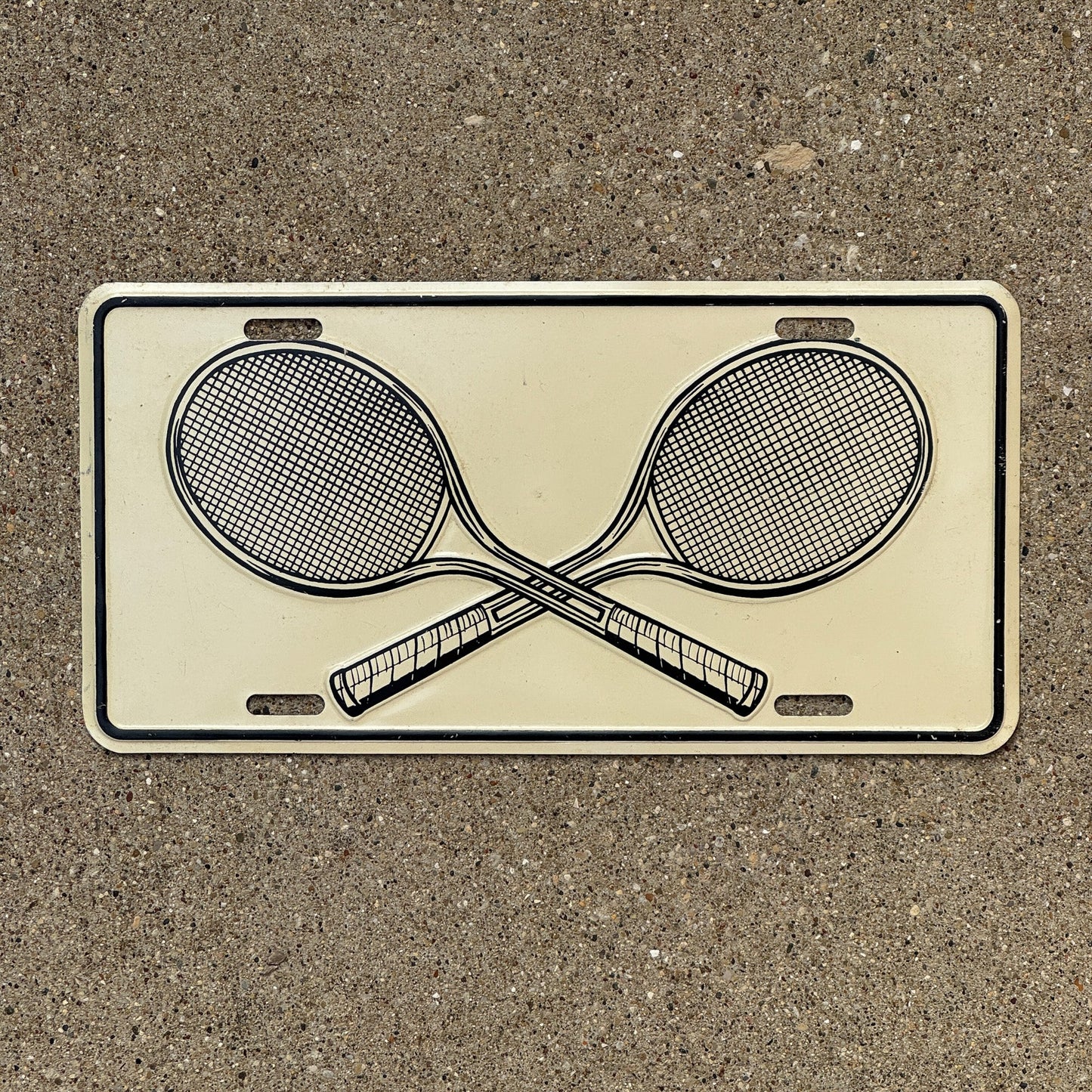 Photo of a 1980 Era Booster License Plate Auto Tag Garage Decor Vintage Sports Gym Decor Tennis Rackets