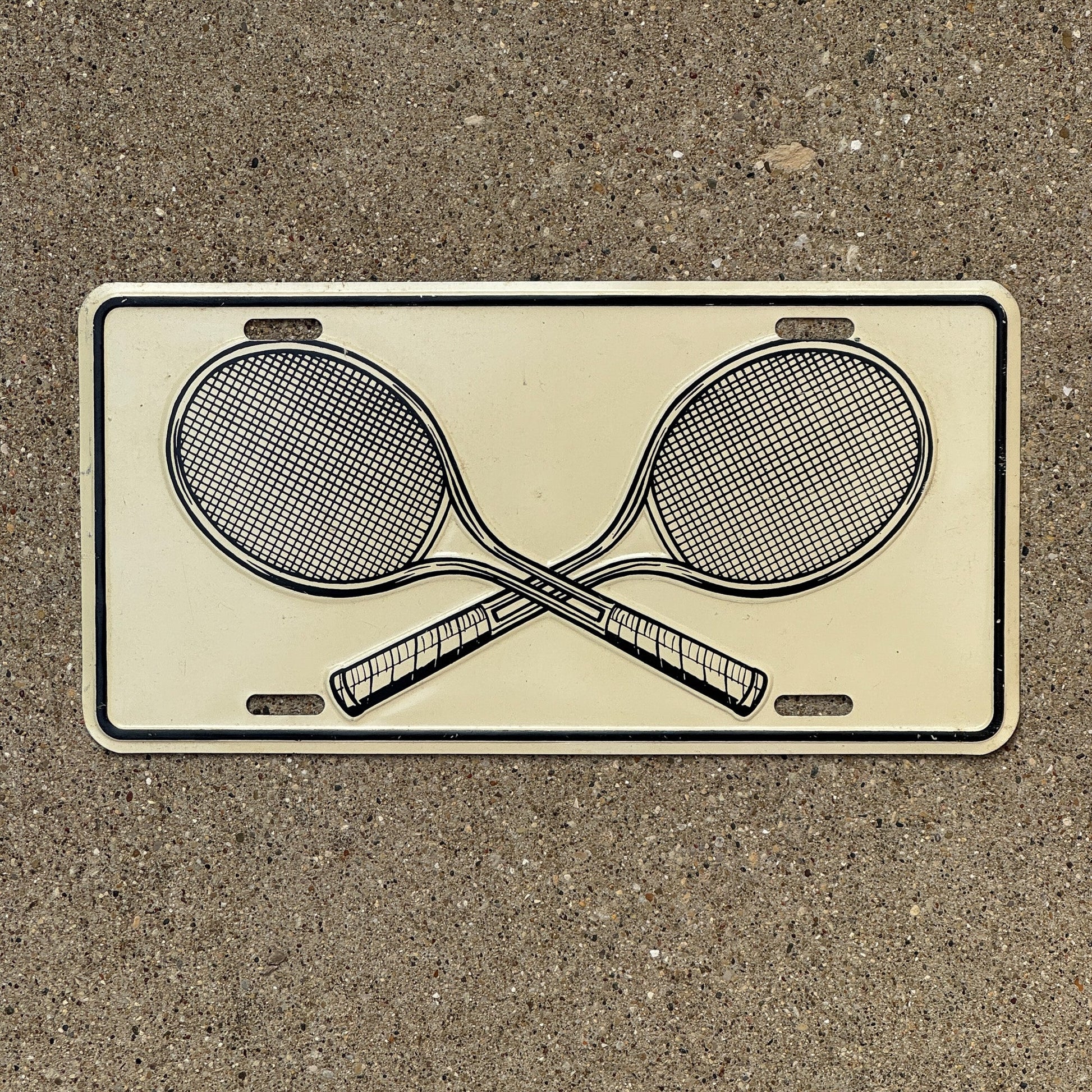 Photo of a 1980 Era Booster License Plate Auto Tag Garage Decor Vintage Sports Gym Decor Tennis Rackets