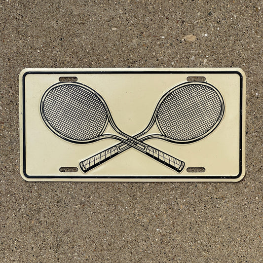Photo of a 1980 Era Booster License Plate Auto Tag Garage Decor Vintage Sports Gym Decor Tennis Rackets