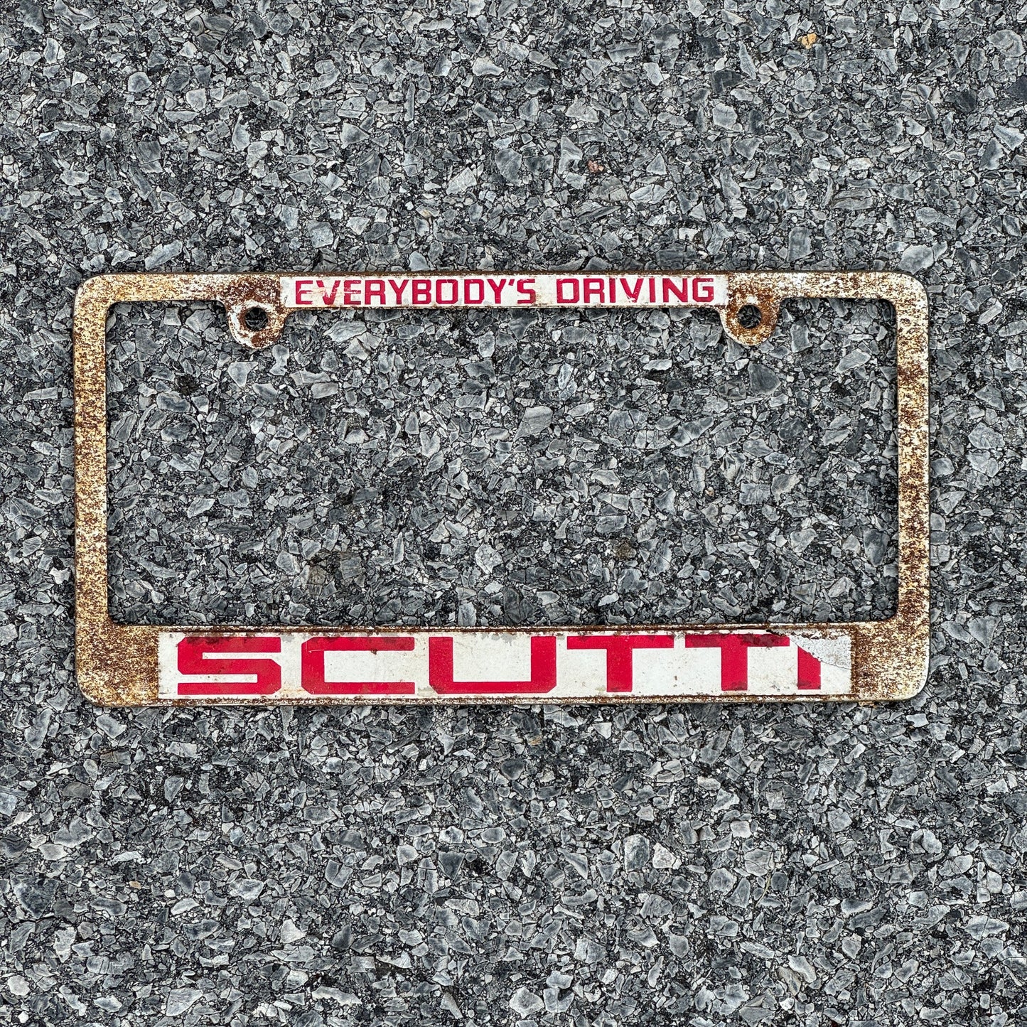 Photo of a 1980 Era License Plate Frame Auto Tag Garage Decor Vintage Metal Everybody's Driving Scutti