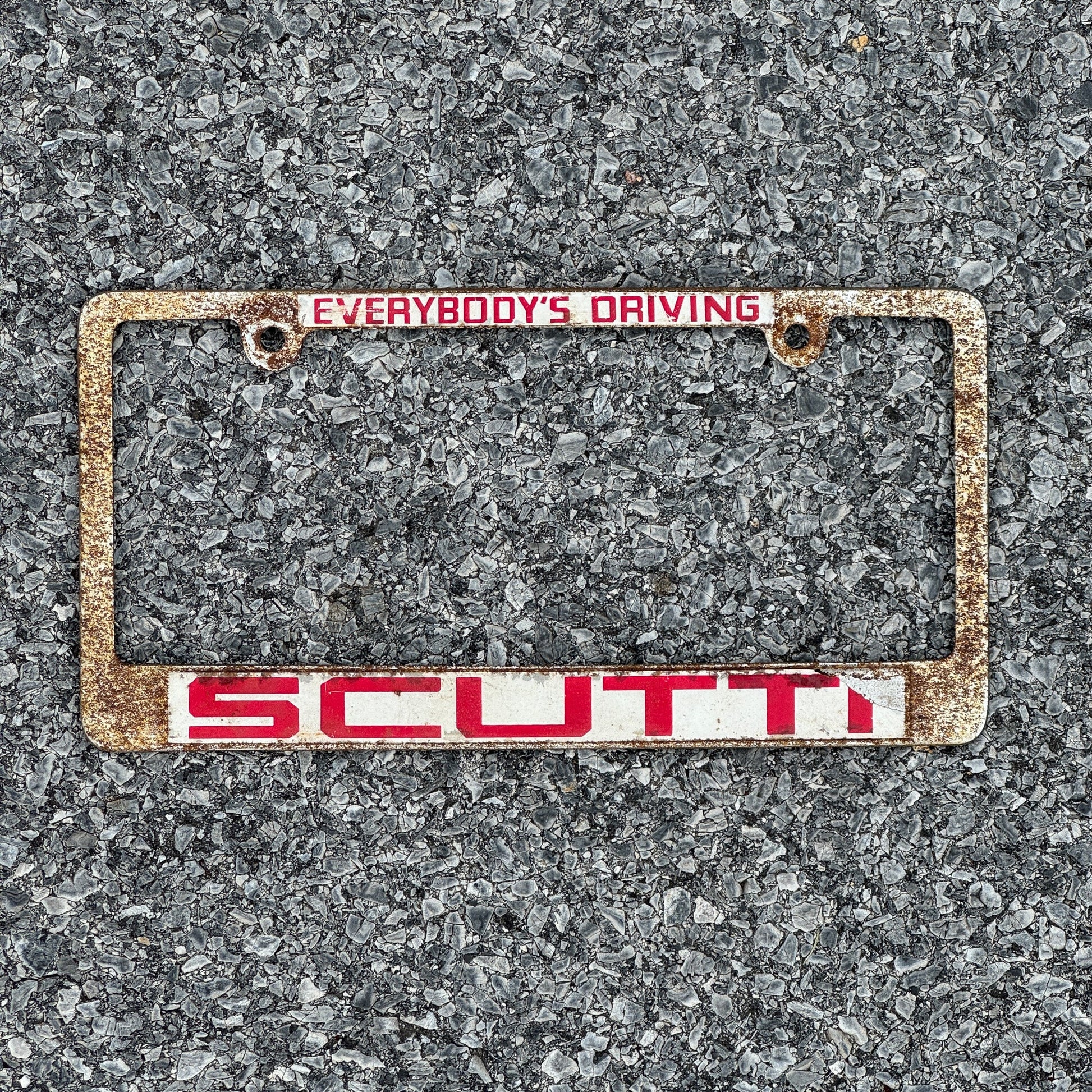 Photo of a 1980 Era License Plate Frame Auto Tag Garage Decor Vintage Metal Everybody's Driving Scutti