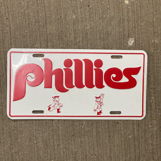 Photo of a 1980 Era Pennsylvania License Plate Booster License Plate Auto Tag Garage Decor Vintage Metal Philadelphia Baseball MLB Phillies with original patina