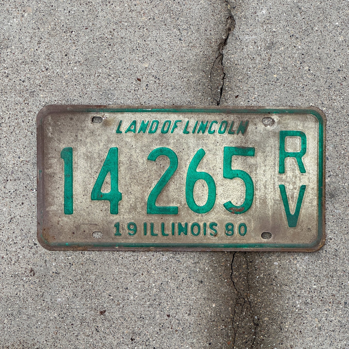 Photo of a 1980 Illinois RV License Plate Auto Tag 2 Vintage Garage 14 265 with original patina