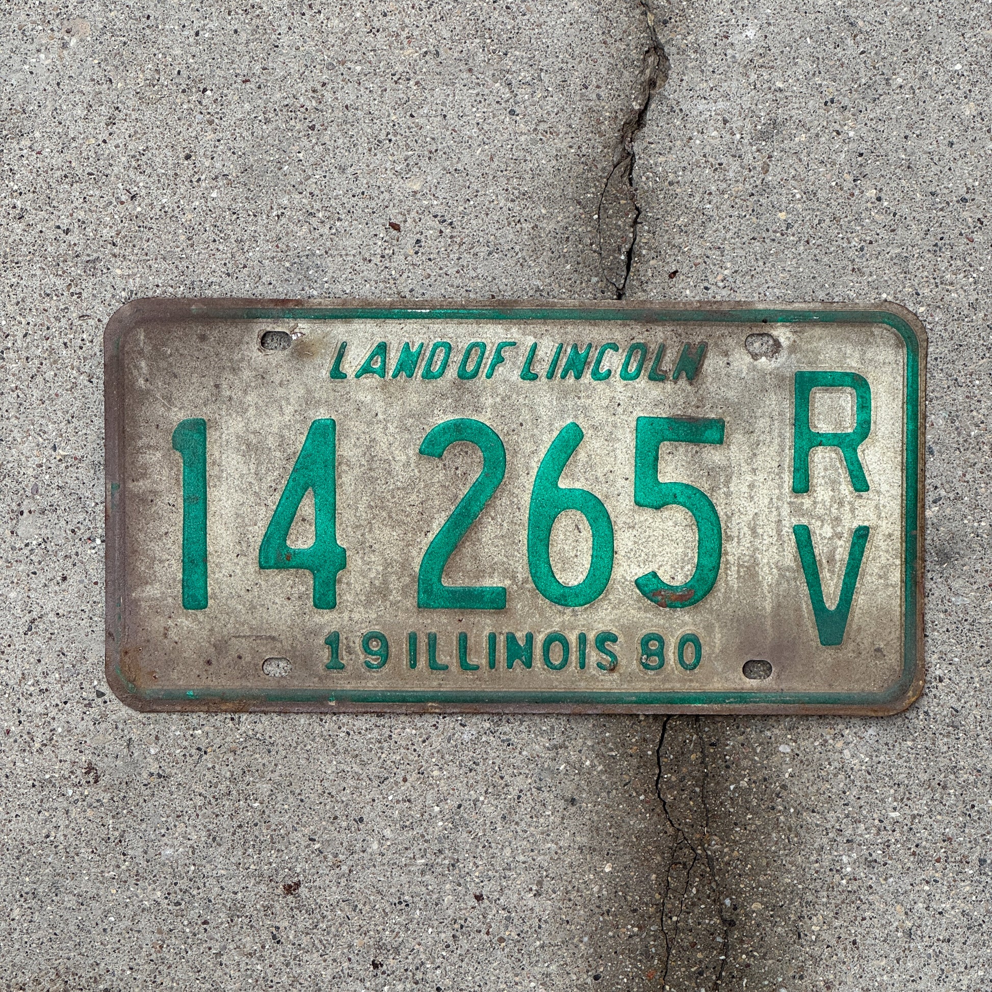 Photo of a 1980 Illinois RV License Plate Auto Tag 2 Vintage Garage 14 265 with original patina