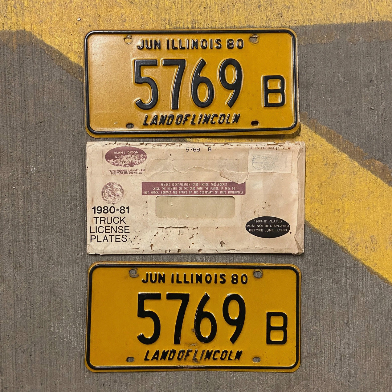 Photo of a 1980 Illinois Truck License Plate Pair Auto Tag Garage Decor Vintage 5769 B with original patina