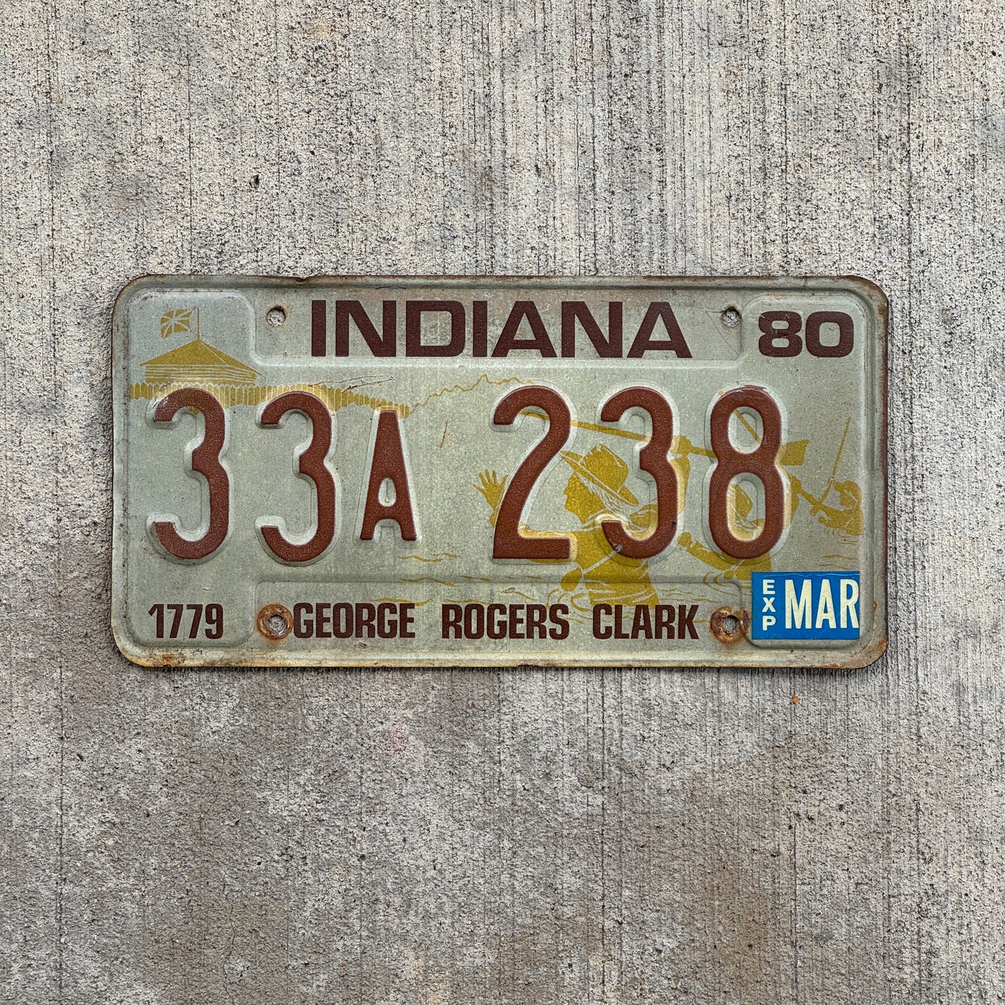 Photo of a 1980 Indiana License Plate Auto Tag Garage Decor Vintage 33 A 238 with original patina