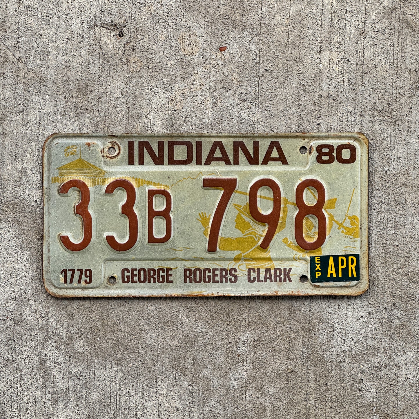 Photo of a 1980 Indiana License Plate Auto Tag Garage Decor Vintage 33 B 798 with original patina