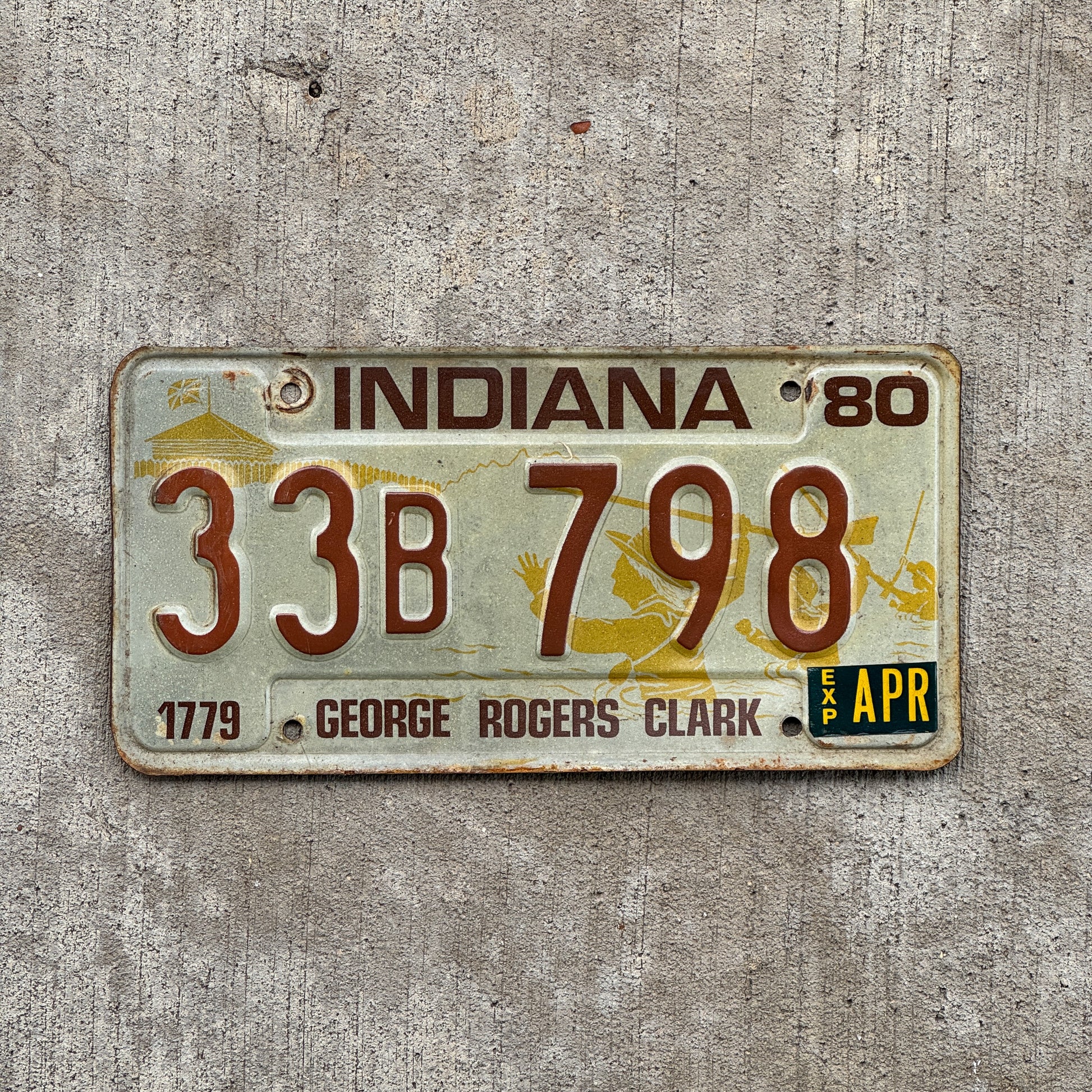 Photo of a 1980 Indiana License Plate Auto Tag Garage Decor Vintage 33 B 798 with original patina