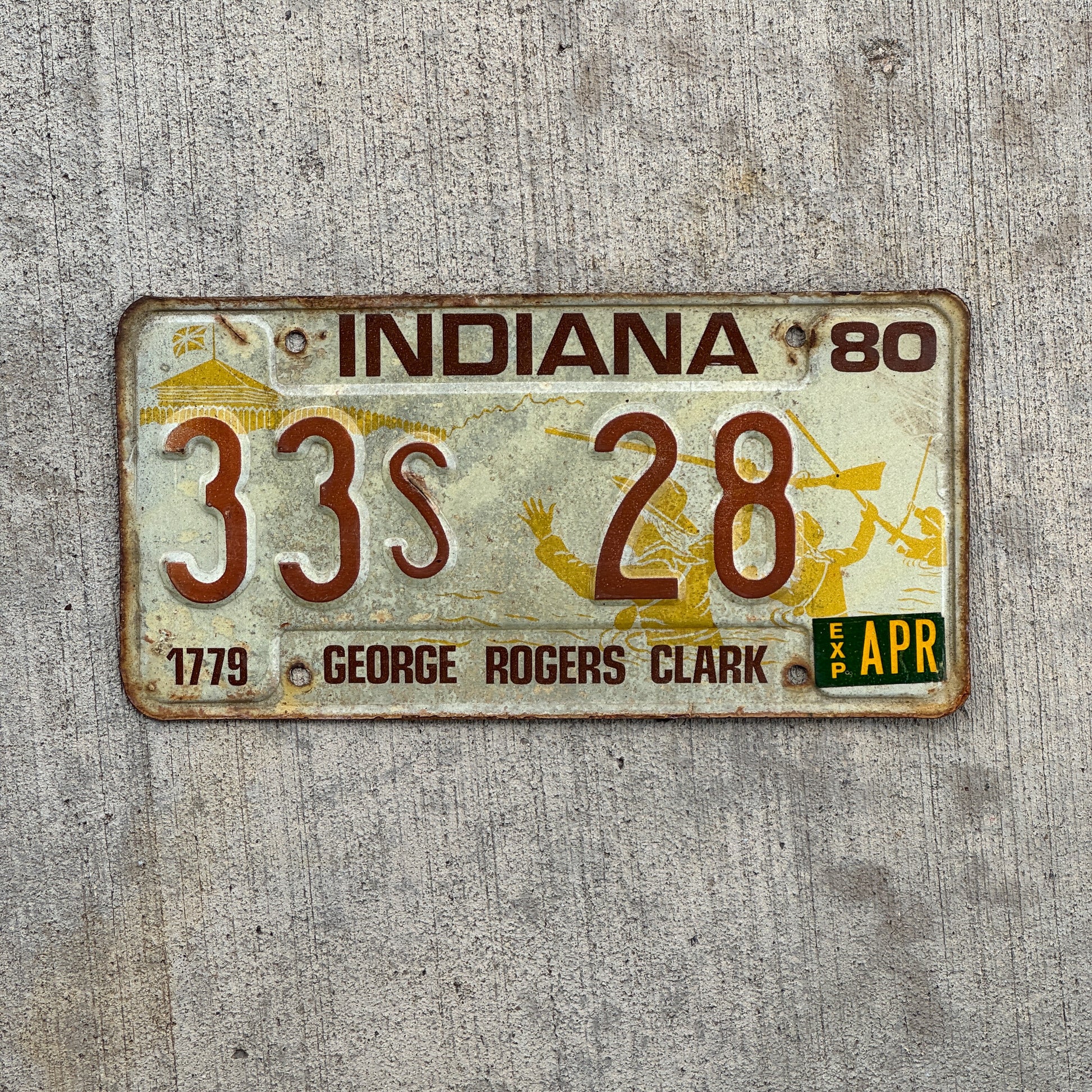 Photo of a 1980 Indiana License Plate Auto Tag Garage Decor Vintage 33 S 28 with original patina