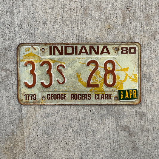 Photo of a 1980 Indiana License Plate Auto Tag Garage Decor Vintage 33 S 28 with original patina