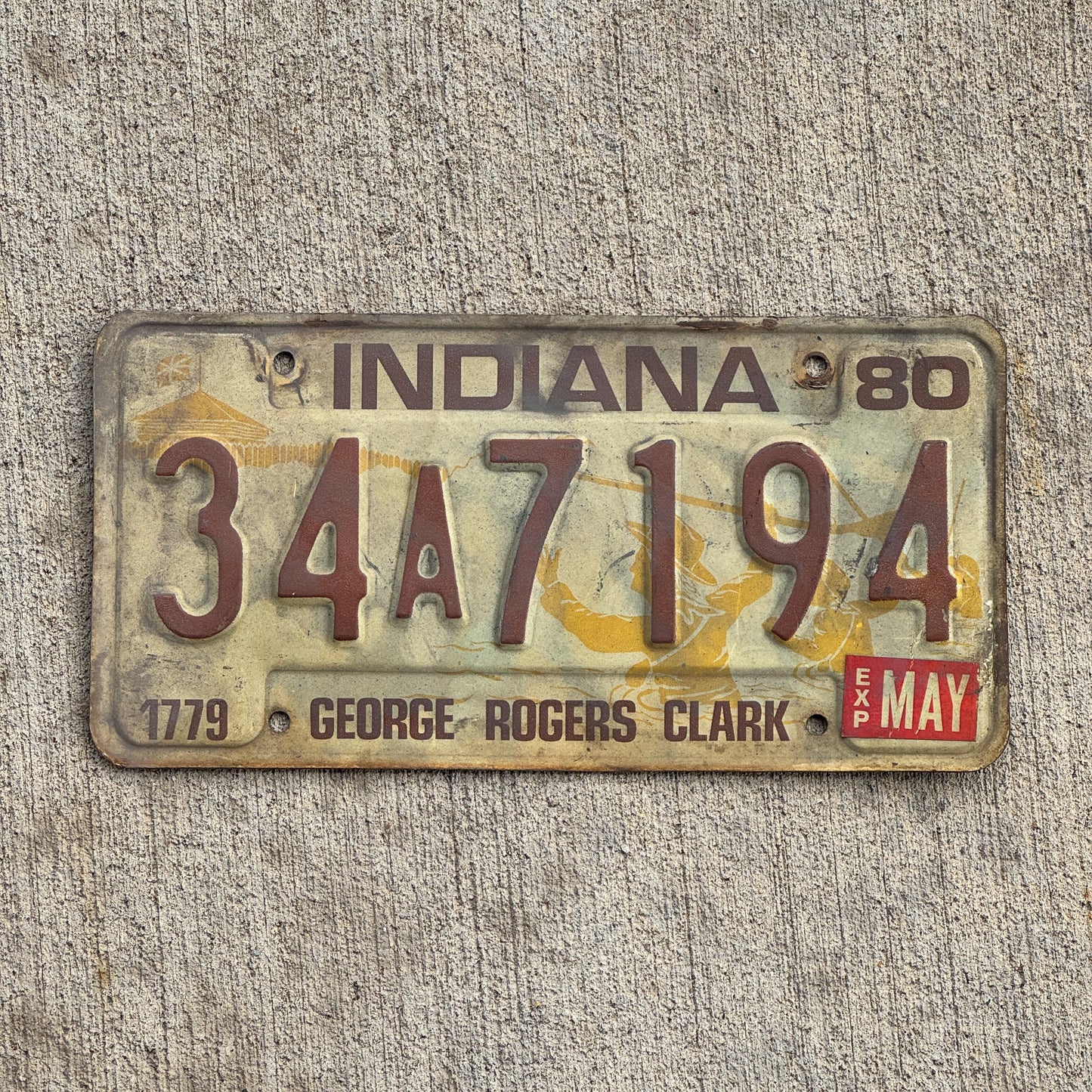 Photo of a 1980 Indiana License Plate Auto Tag Garage Decor Vintage 34 A 7194 with original patina