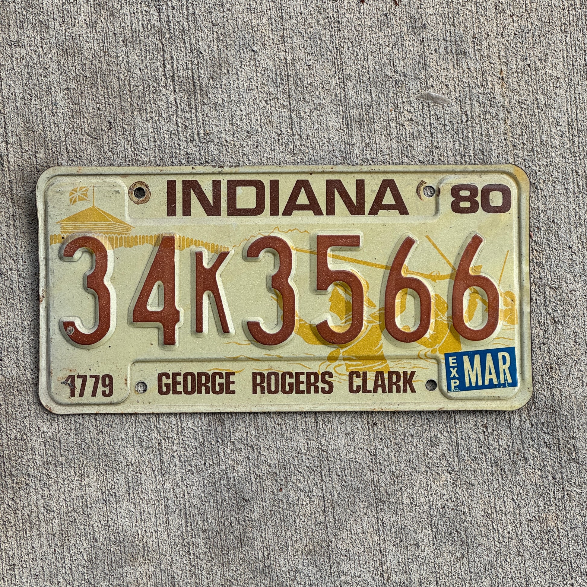 Photo of a 1980 Indiana License Plate Auto Tag Garage Decor Vintage 34 K 3566 with original patina