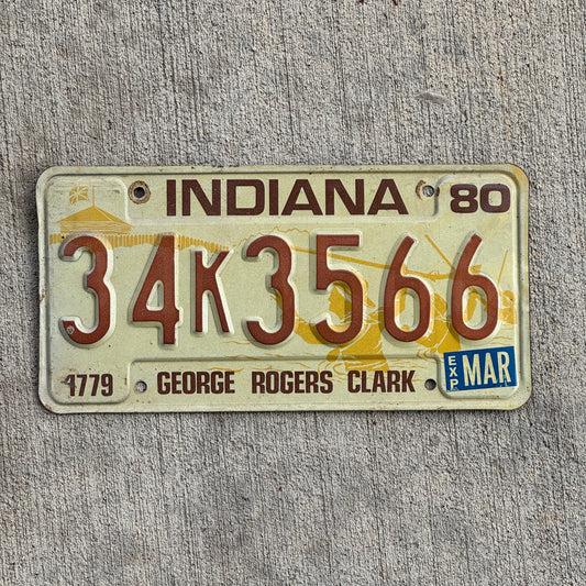 Photo of a 1980 Indiana License Plate Auto Tag Garage Decor Vintage 34 K 3566 with original patina