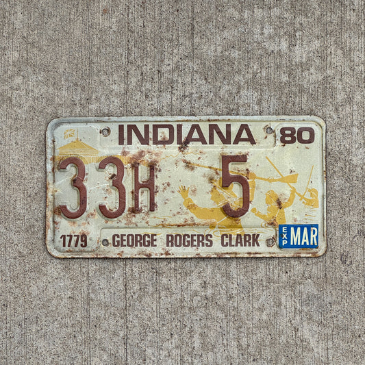 Photo of a 1980 Indiana License Plate Auto Tag Garage Decor Vintage Henry County Low Number 33 H 5 with original patina