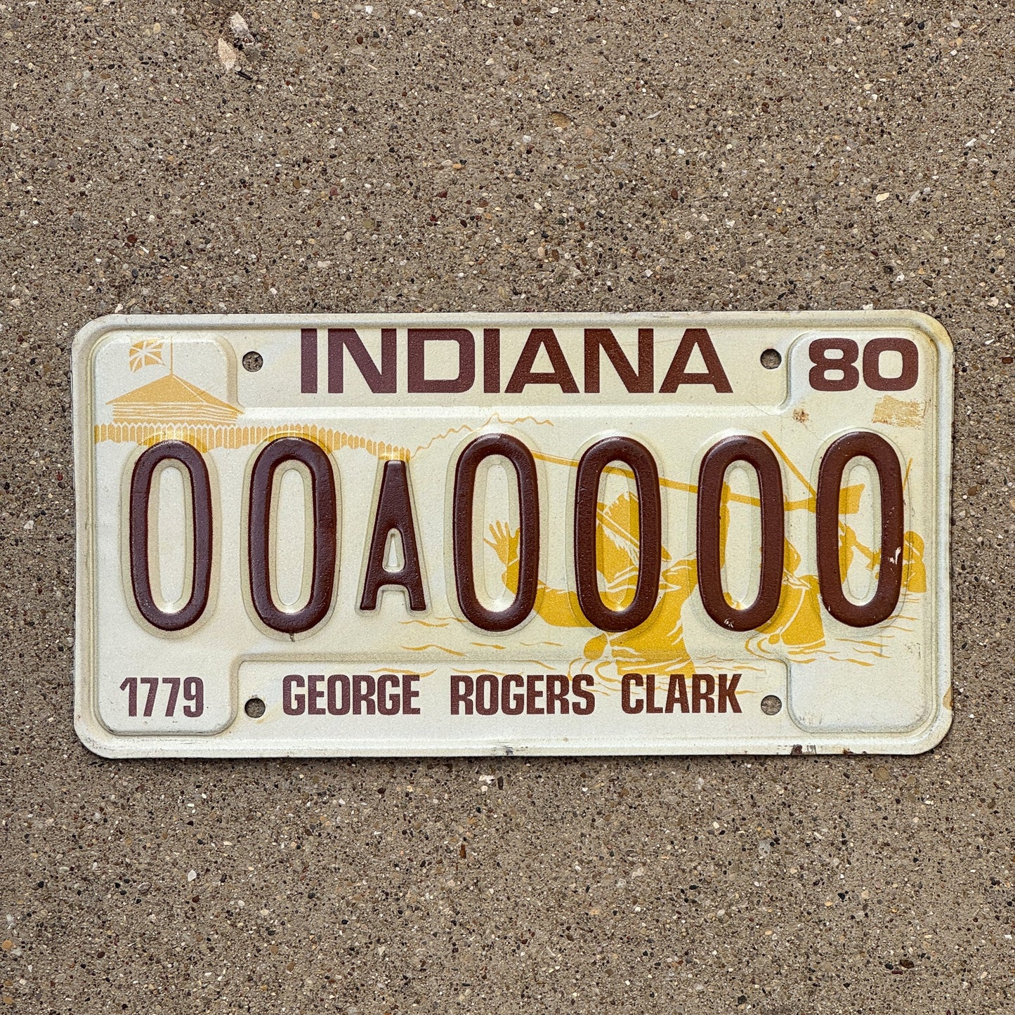 Photo of a 1980 Indiana Sample License Plate Auto Tag 1 Garage Decor 00A0000 with original patina