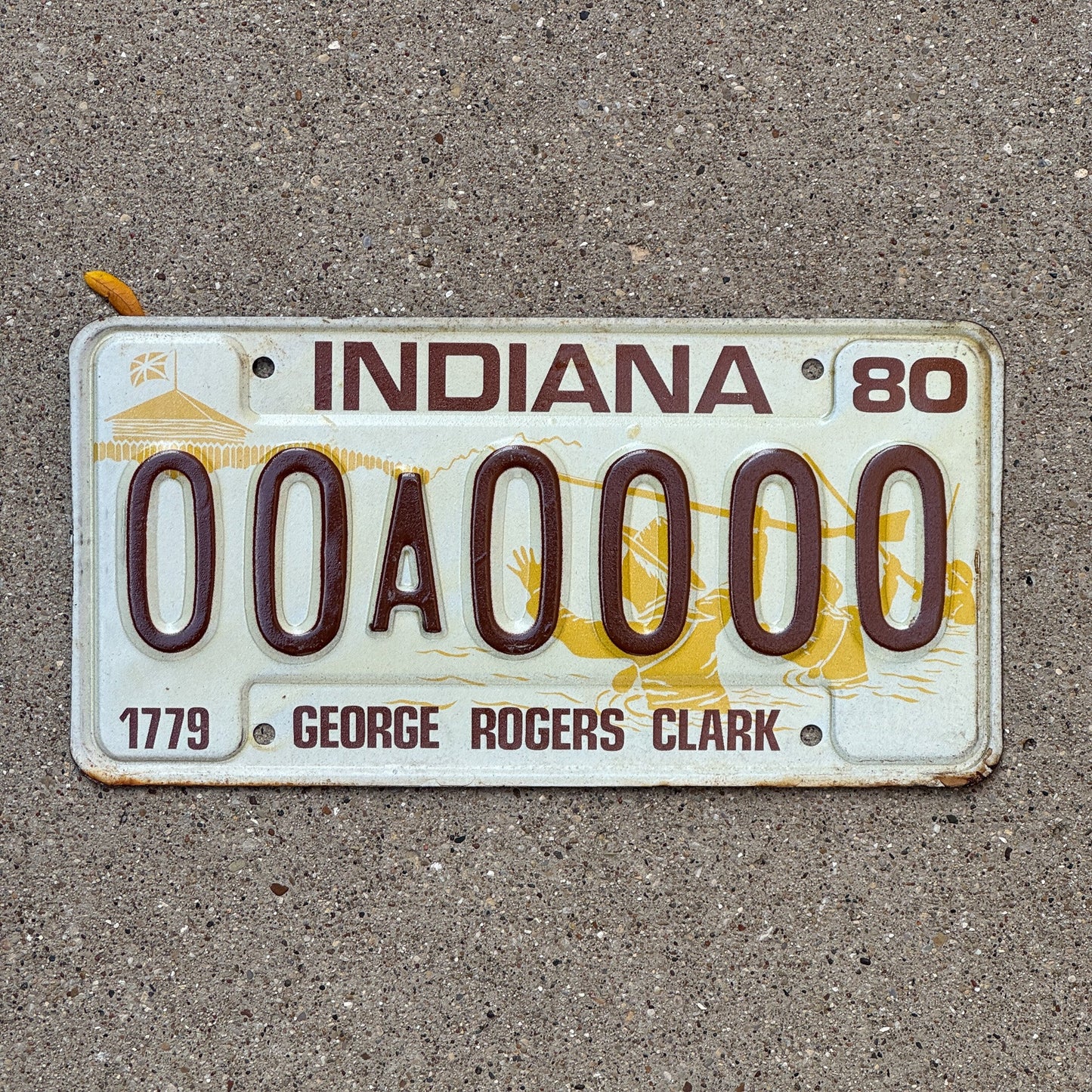 Photo of a 1980 Indiana Sample License Plate Auto Tag 2 Garage Decor 00A0000 with original patina