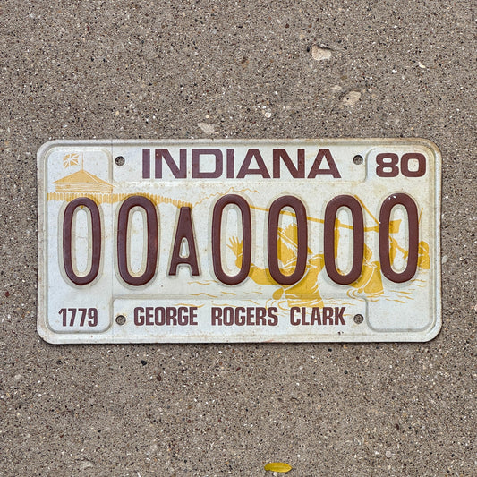 Photo of a 1980 Indiana Sample License Plate Auto Tag 3 Vintage 00A0000 with original patina