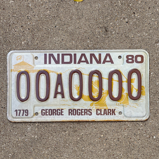 Photo of a 1980 Indiana Sample License Plate Auto Tag 4 Vintage 00A0000 with original patina