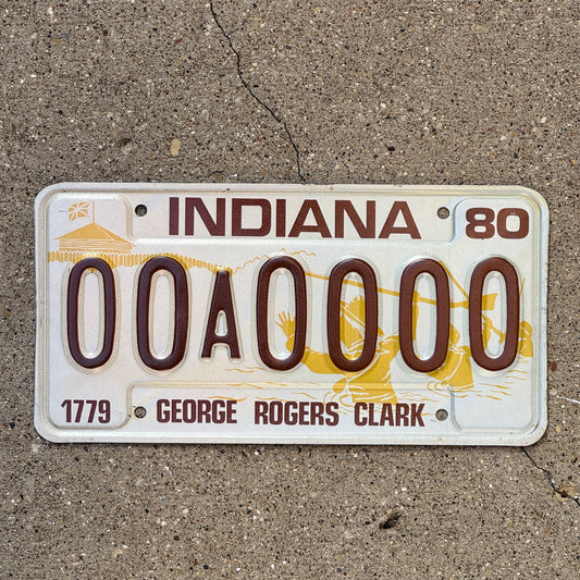 Photo of a 1980 Indiana Sample License Plate Auto Tag 6 Vintage 00A0000 with original patina