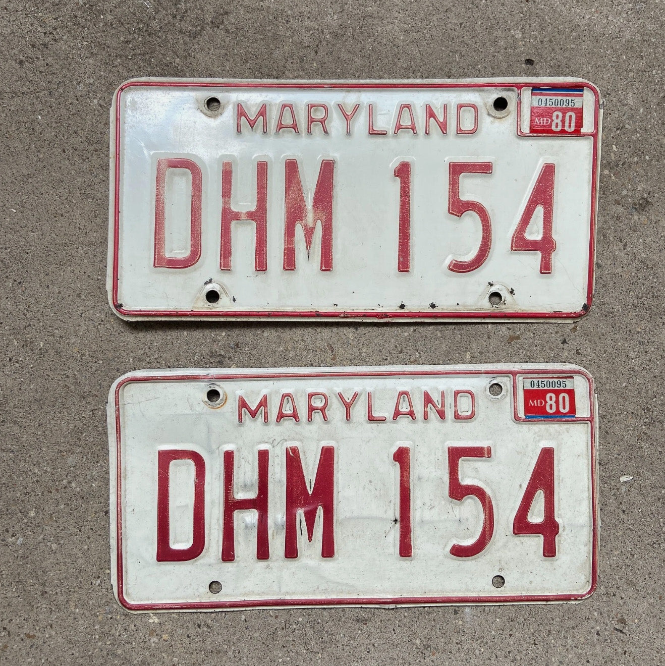 Photo of a 1980 Maryland License Plate Pair Auto Tag Garage Decor Vintage DHM 154 with original patina