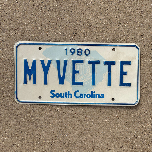 Photo of a 1980 South Carolina Vanity License Plate Auto Tag Garage Decor Vintage Chevy Corvette MY VETTE
