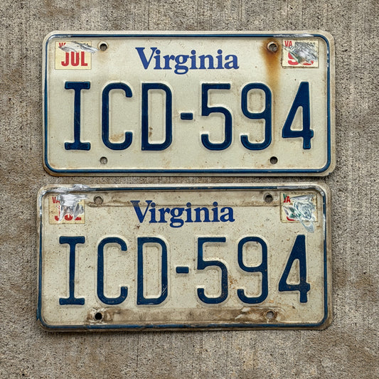 Photo of a 1980 Virginia License Plate Pair Auto Tag Garage Decor Vintage ICD 594 with original patina